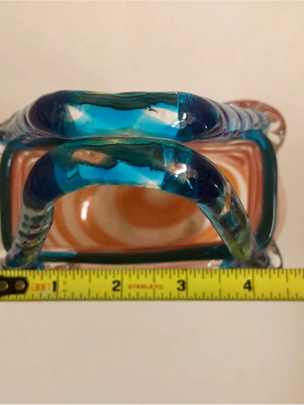 Handblown Glass Purse Vase with Orange Swirl and Blue Handle